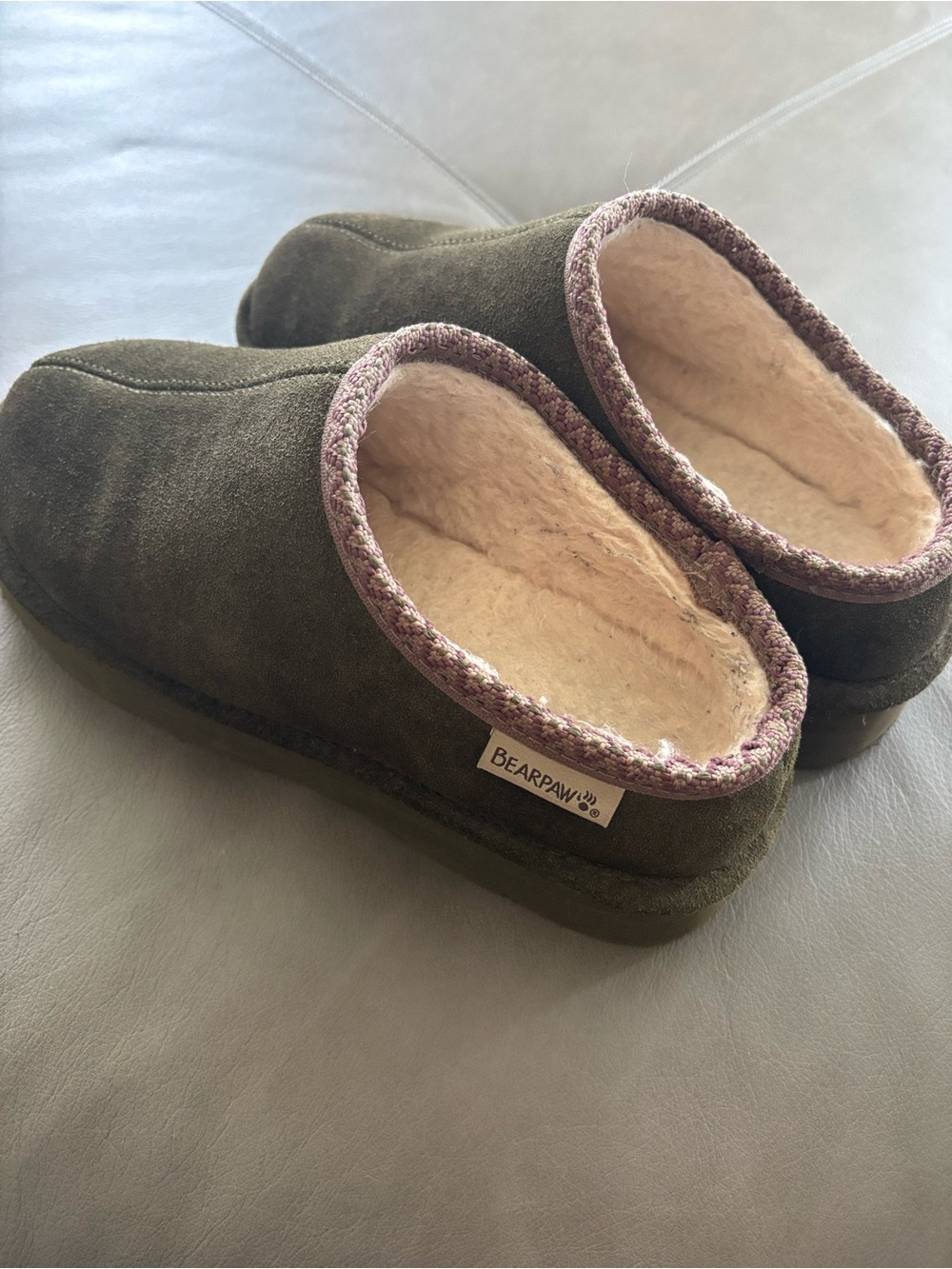 NWOT Bearpaw Olive Slip-On Clogs with Faux Shearling, Size 9
